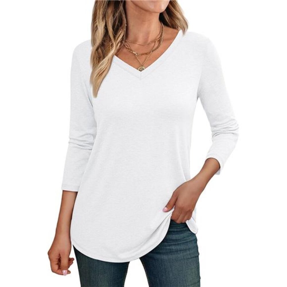 New Women's 3/4 Sleeve V-Neck Casual Basic Trendy Tee Blouses, White